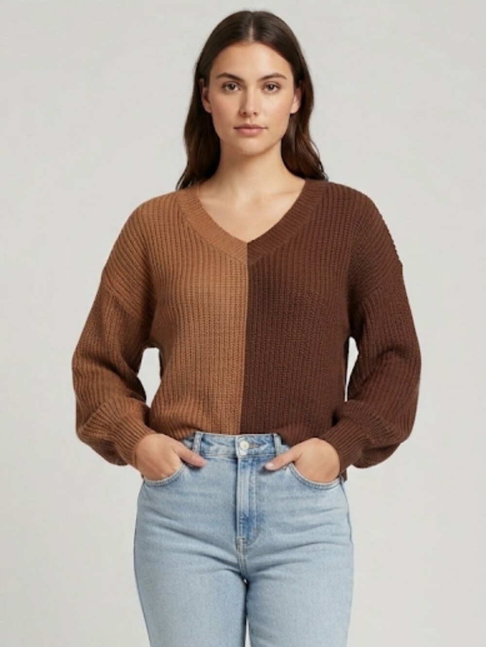 No Boundaries 2 Tone Brown Colorblock Knit V-neck Sweater Junior's Large (11-13)